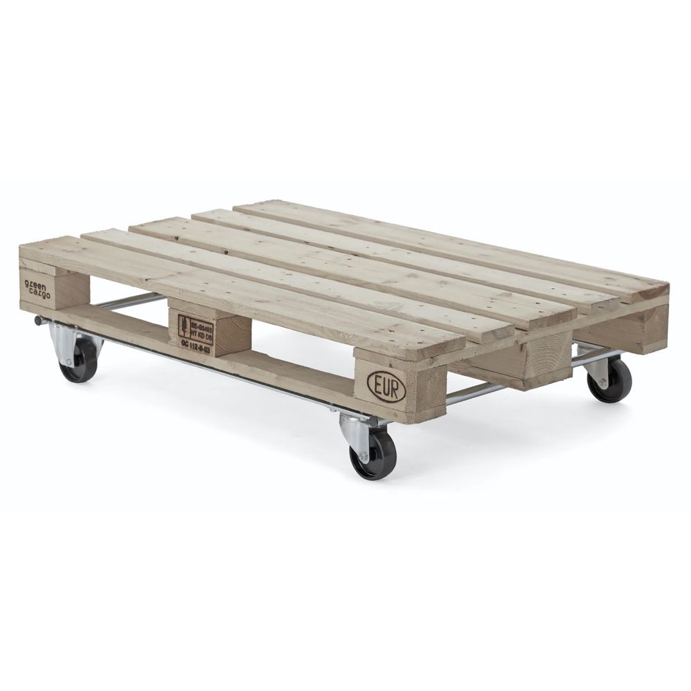 Pallet dolly with black swivel wheels