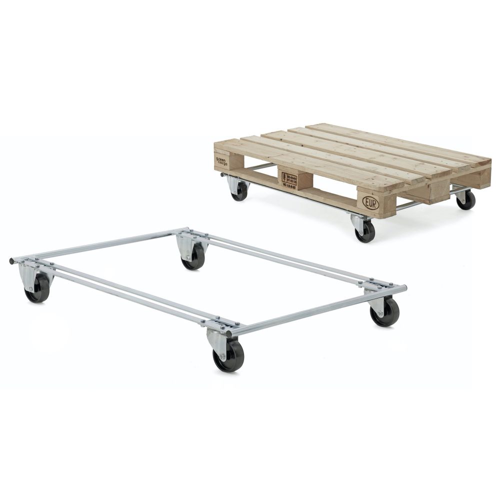 Pallet dolly with black swivel wheels