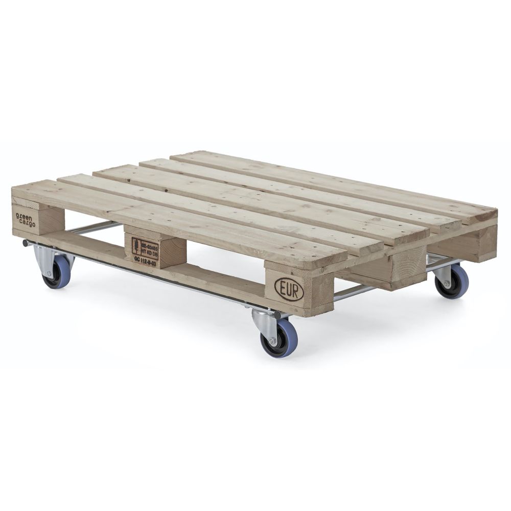 Pallet dolly with blue swivel wheels