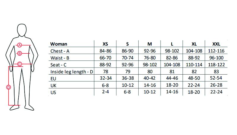 Measurements of chest, waist, seat and inside leg length according to Holebrook's size guide for ladies