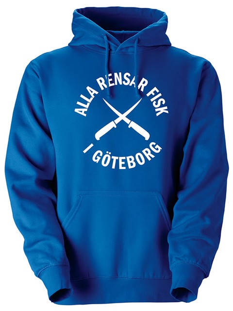Hoodtröja, Blå - Alla Rensar Fisk (stor logo)