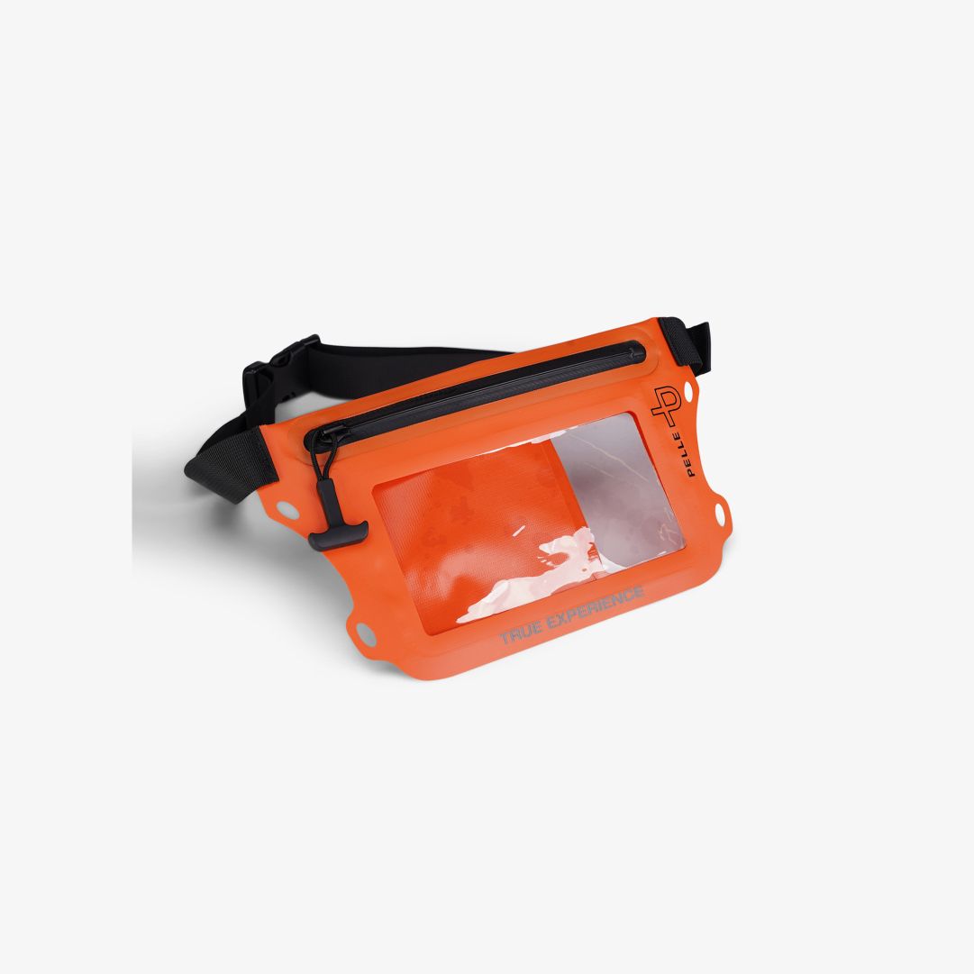 Akvo Waist Bag, Fire Orange Vattenresistent midjeväska med justerbart band i midjan, lufttät dragkedja, transparent fönster för mobilen och Pelle P-lo