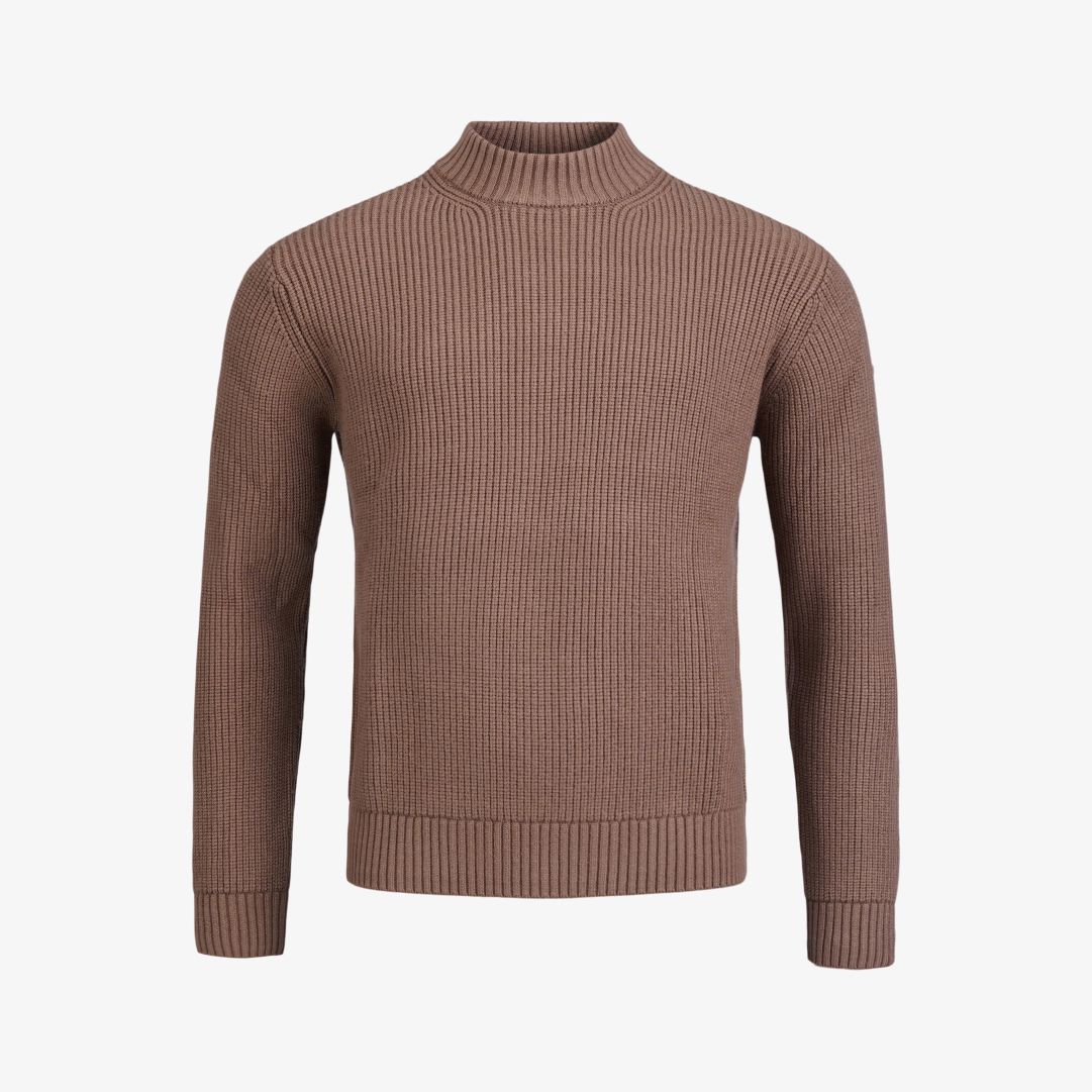 Essen sweater, Toffee Ribbstickad tröja med halvpolo och en Pelle P-logo i metall på vänster ärm