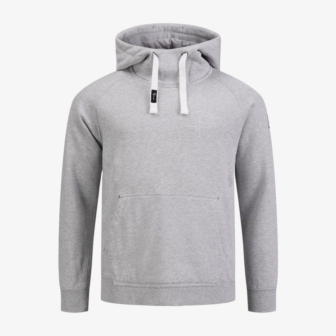 P-Snug Unisex Hoodie, Light Grey melange Avslappnade P-Snug Unisex Hoodie har fodrad huva med dragsko och hög krage,  känguruficka, breda muddar, deko