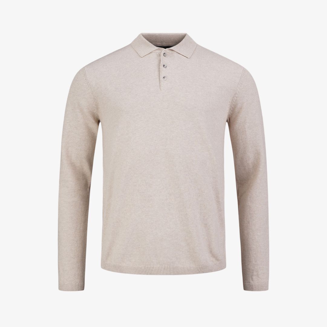 Tiller Polo, Lt. Beige Oak Melange Polotröja till herr tillverkad i en blandning av ekologisk bomull och kashmir, och har en normal passform