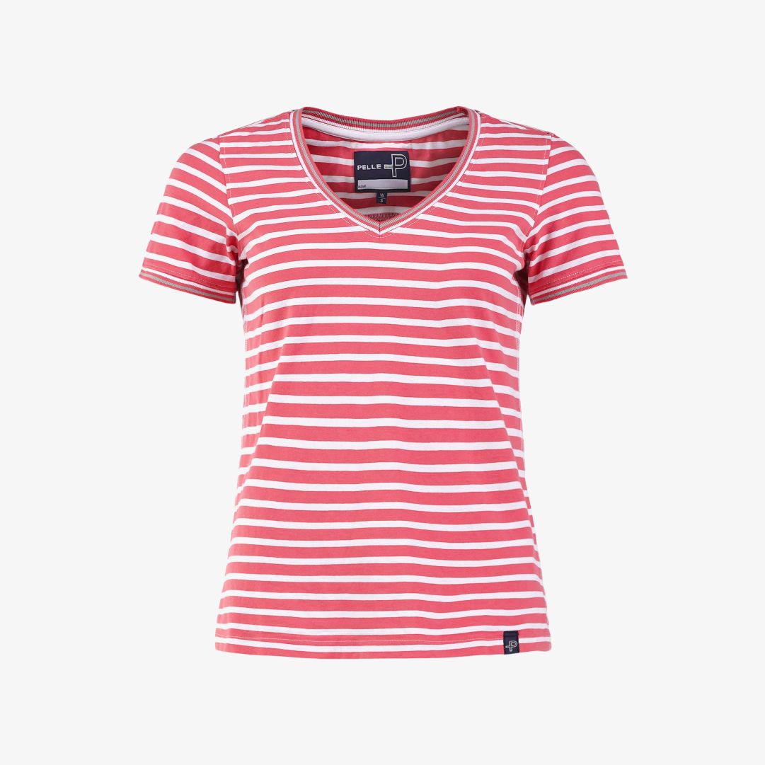 W Classic Stripe Short Sleeve, Rasberry lemon Stripe Randigt är rätt! Randig v-ringad t-shirt med tirangelformad sömdetalj framt