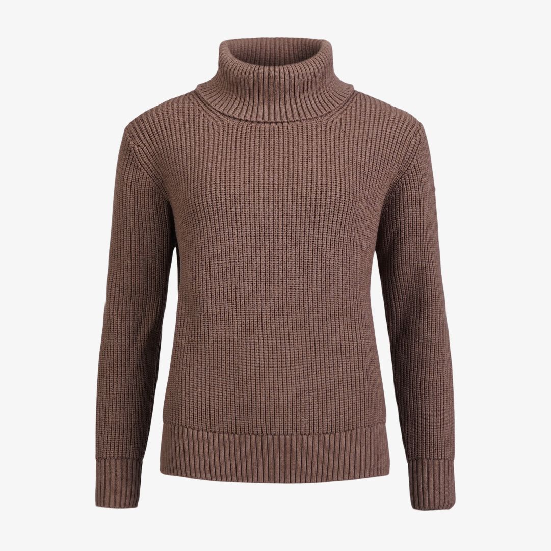 W Essen sweater, Toffee Ribbstickad tröja med dubbelvikt polokrage och en Pelle P-logo i metall på vänster ärm