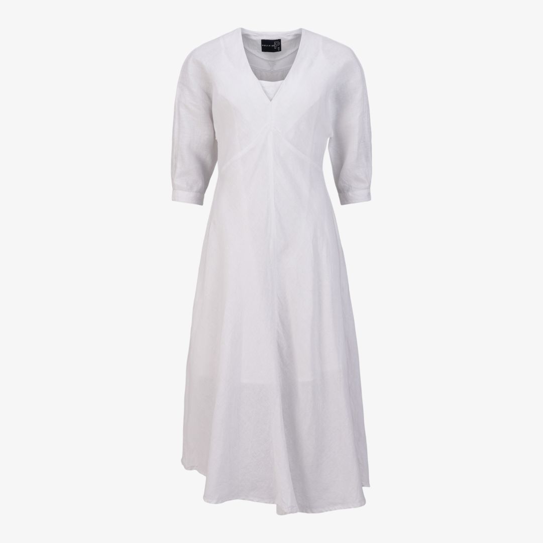 W Linen Breeze Dress, White Sval linneklänning med avslappnad passform