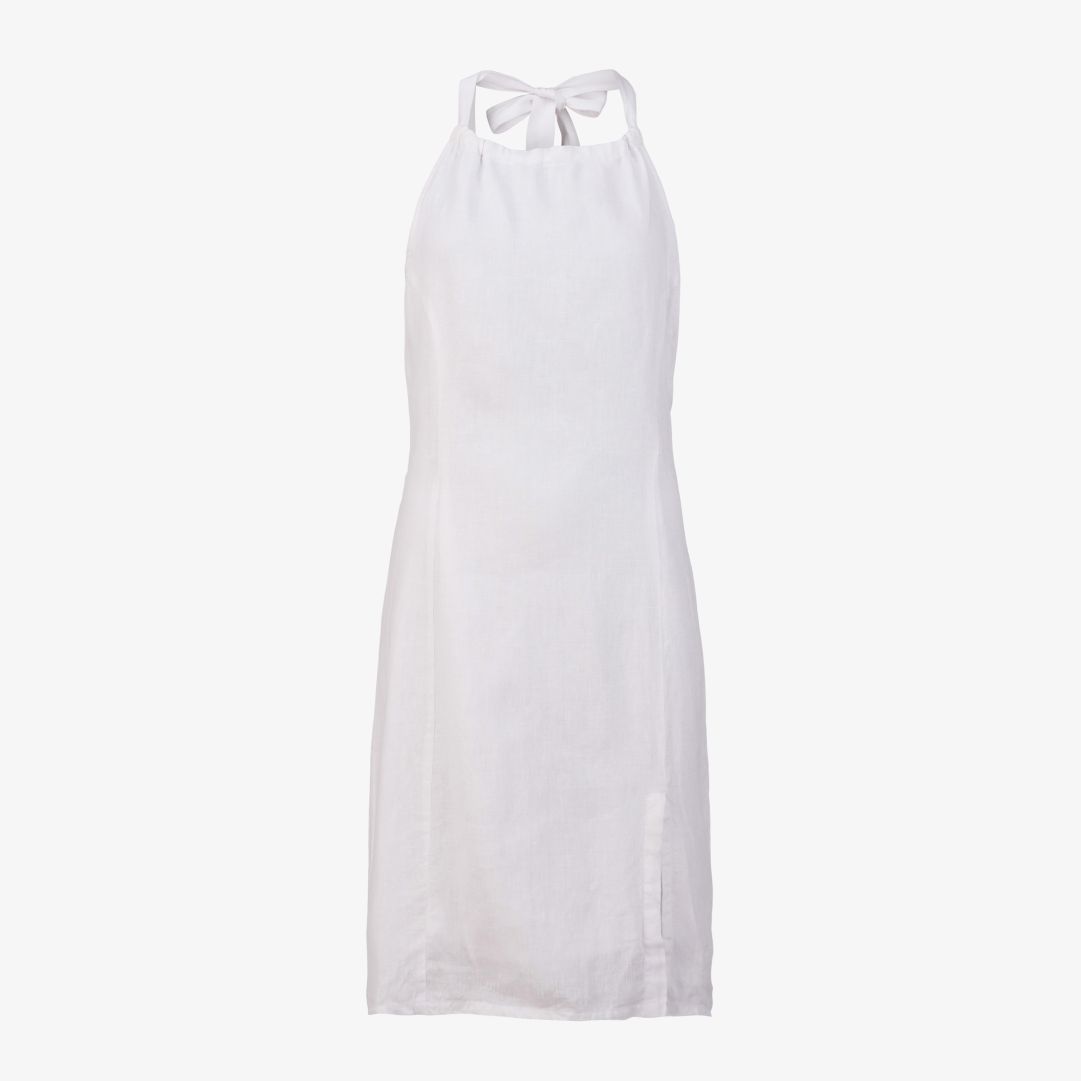 W Linen Halterneck Dress, White Helfodrad klänning tillverkad i linne med en feminin passform, hög halterneck med justerbara knytband och dold dragked