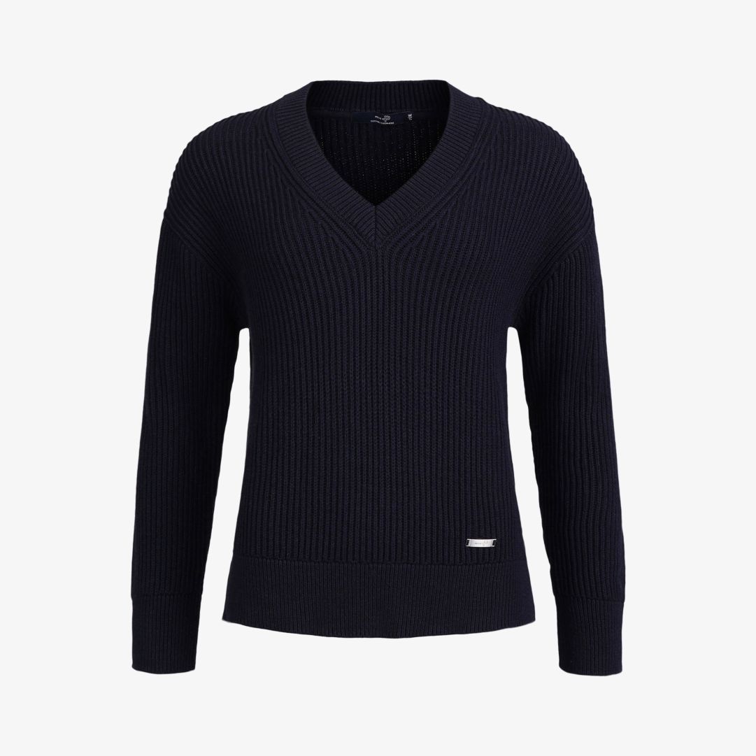 W Mons V-neck LS, Dk Navy Blue V-ringad stickad tröja tillverkad i ekologisk bomull och kashmir som har en avslappnad passform