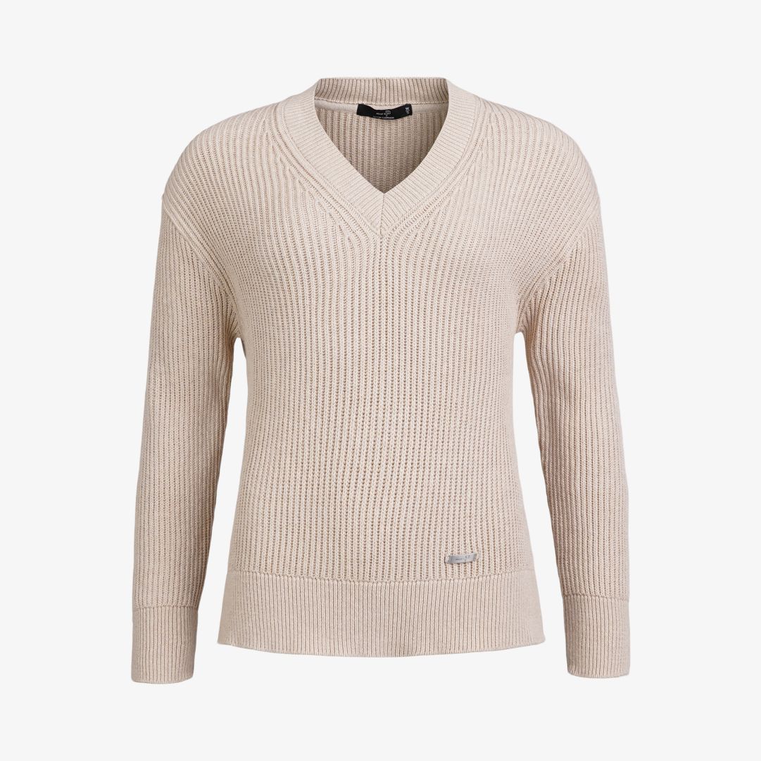 W Mons V-neck LS, Lt Beige melange V-ringad stickad tröja tillverkad i ekologisk bomull och kashmir som har en avslappnad passform