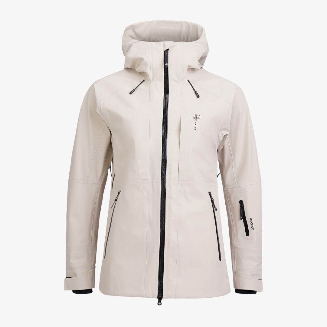 W Notch ski jacket, Lt. Beige Oak Denna skidjacka är tillverkad i ett 100% återvunnet material med Hi:RES® 20K3L-stretchmembran som är både vind- och