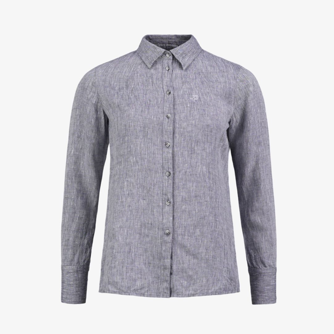 W Linen Tailored Shirt, Dk Navy Melange Sval linneskjorta med smickrande skräddad passform
