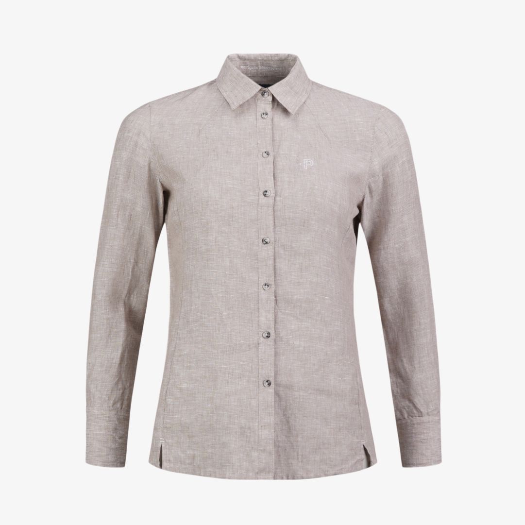W Linen Tailored Shirt, Tumbled Stone Mél. Sval linneskjorta med smickrande skräddad passform