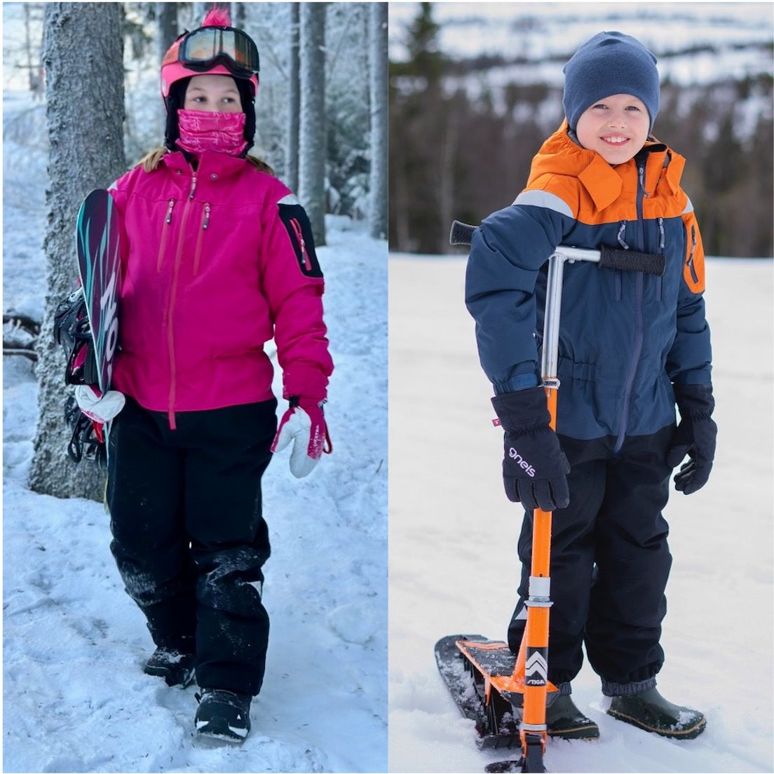 Ett barn i cerice Gneis overall med snowboard och ett annat i blå-orange overall med snowbike