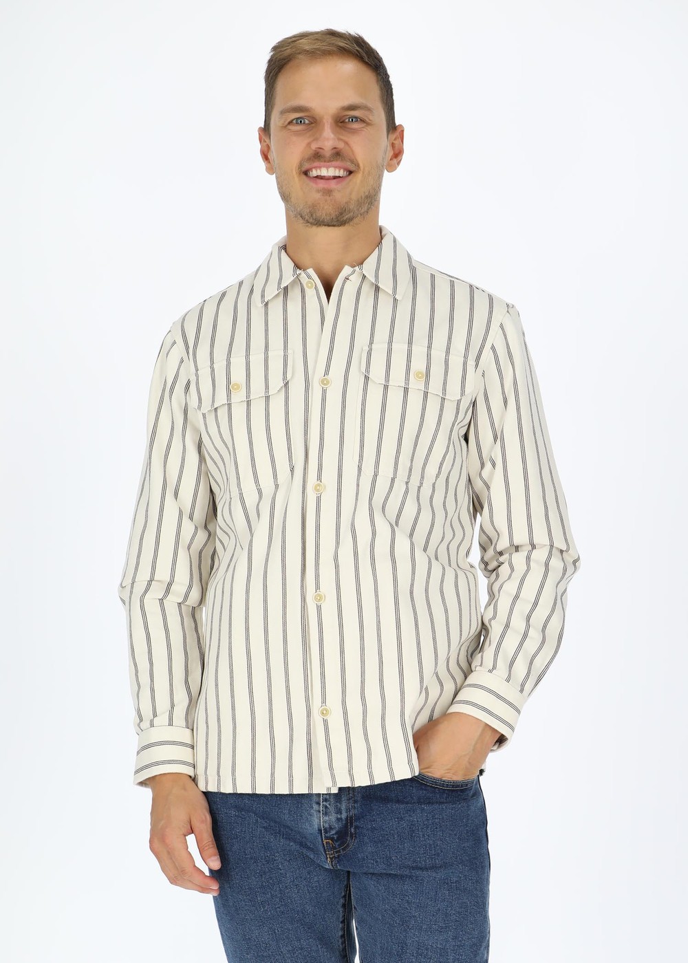 August Striped Overshirt, Ecru, Xl,  Långärmade Skjortor