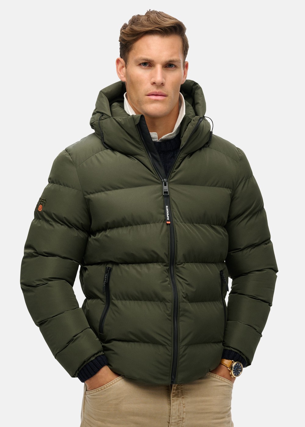 Hooded Sports Puffer Jacket, Army Khaki, Xl,  Vårjackor