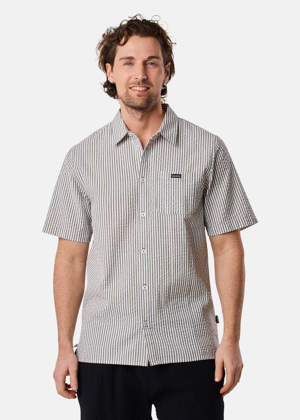 Seersucker Shirt, Olive Stripe, L,  Långärmade Skjortor