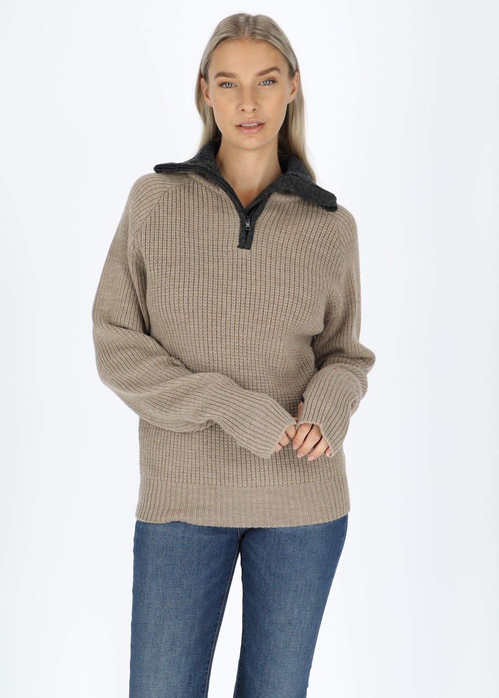 Rav Sweater With Zip, Sand/Charcoal Melange/Fig, L,  Mode Rav Sweater With Zip, Sand/Charcoal Melange/Fig, L,  Mode
