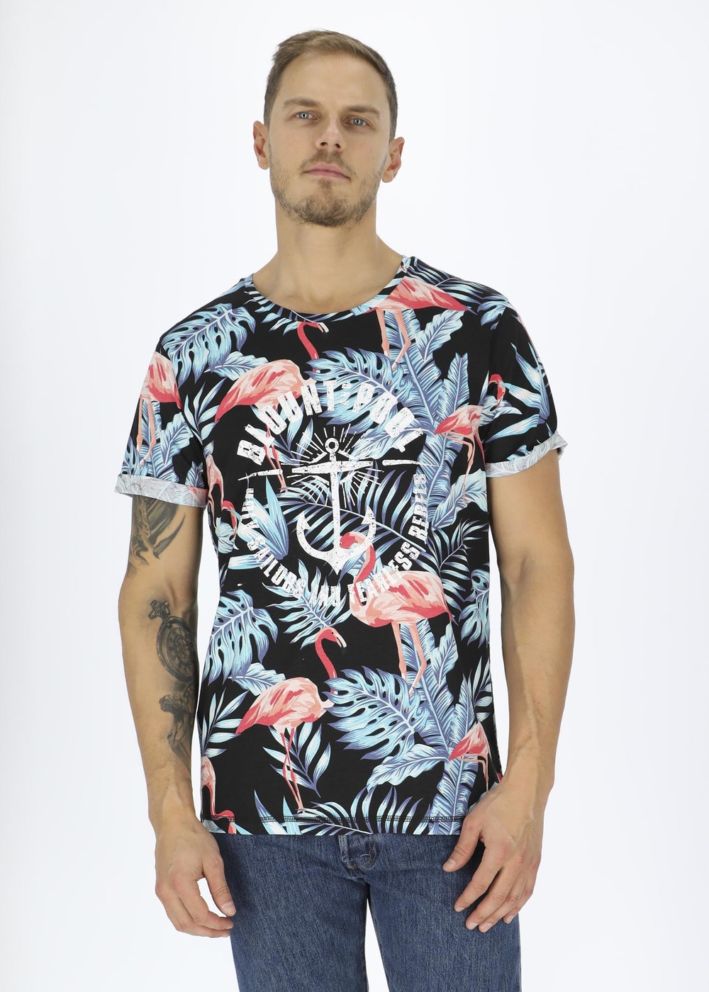 Tropical Tee, Black Flamingo Leaf, M,  Strandkläder