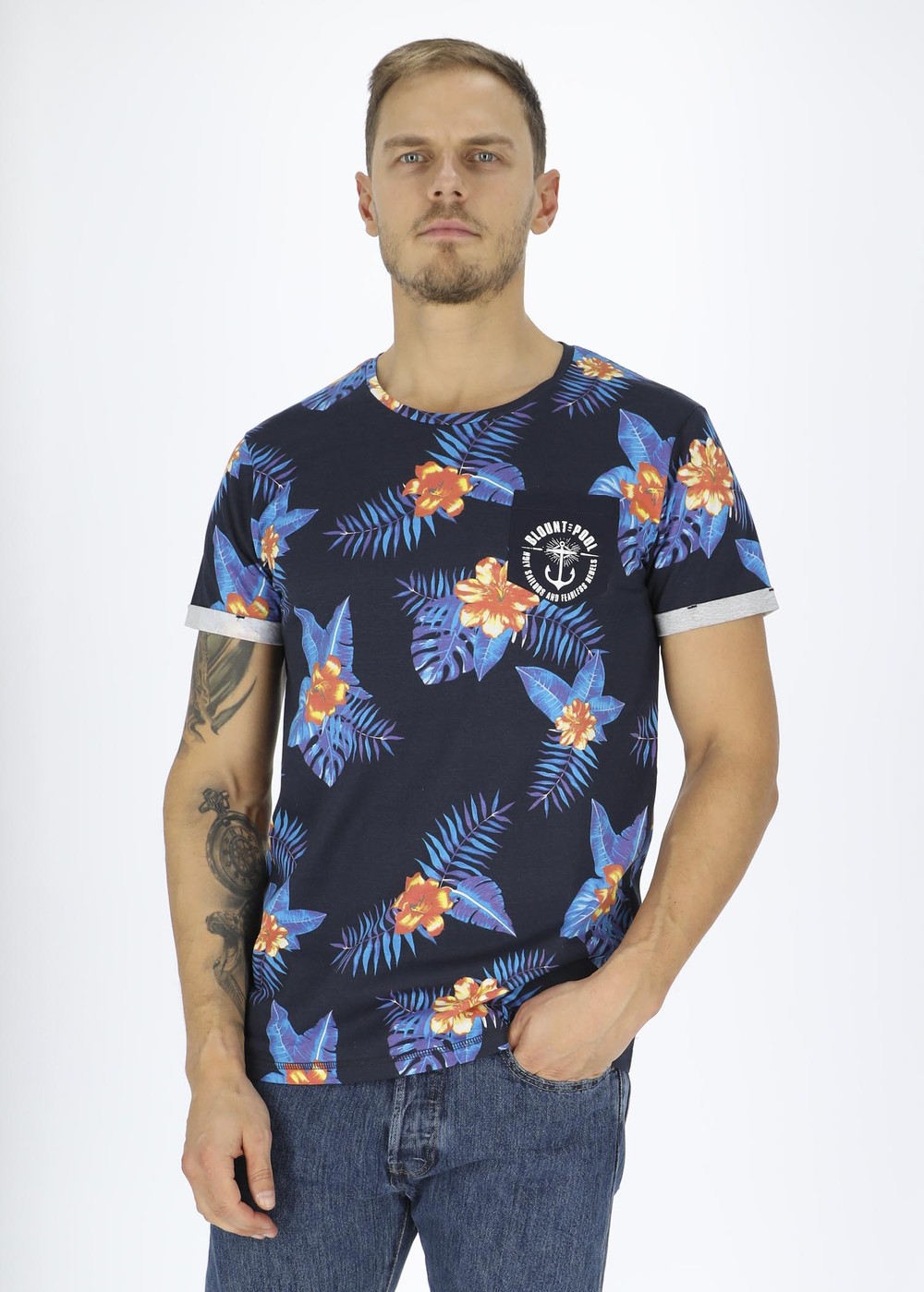 Tropical Pocket Tee, Navy Orange Flower, Xs,  Strandkläder