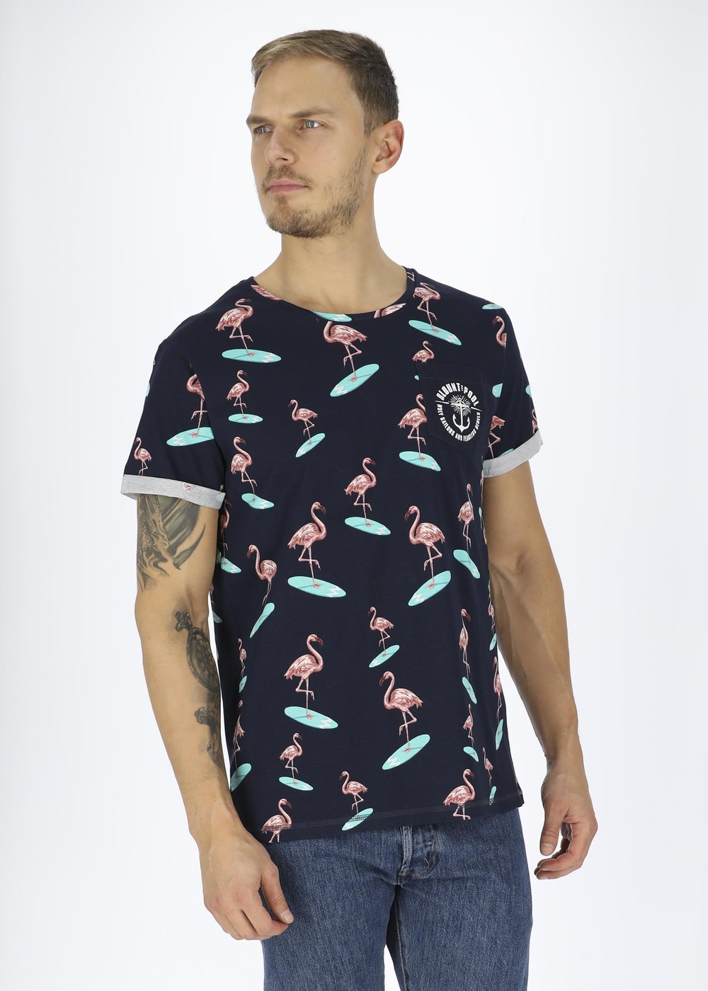 Tropical Pocket Tee, Navy Surfing Flamingo, S,  Strandkläder
