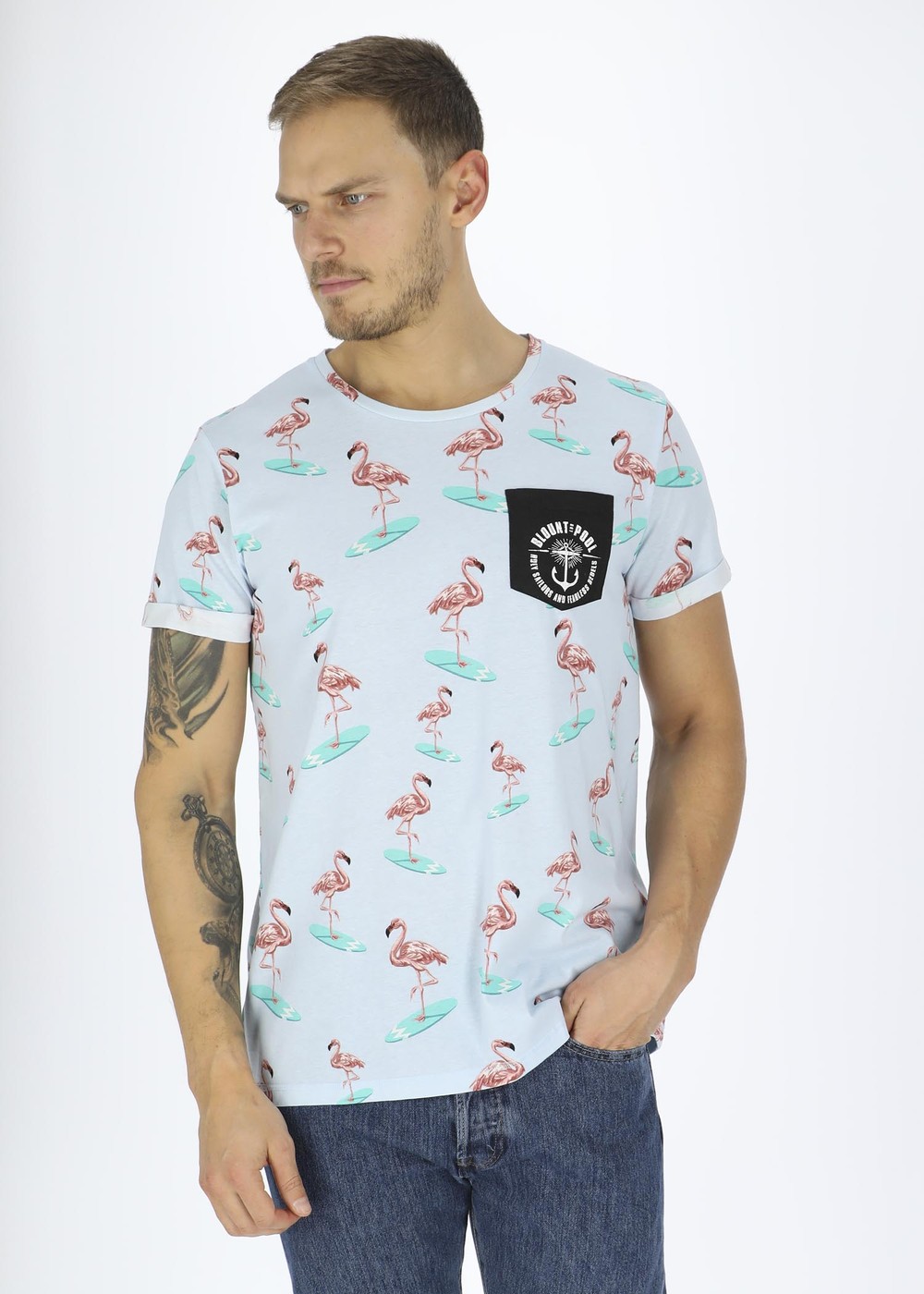 Tropical Pocket Tee, Lt. Blue Surfing Flamingo, Xs,  Strandkläder