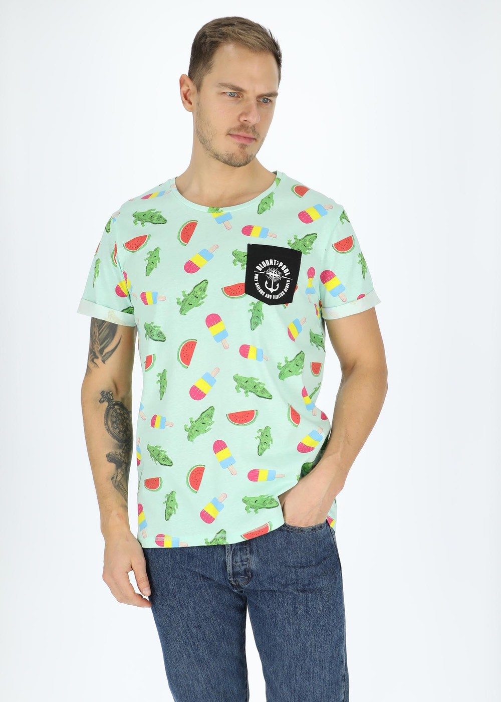 Tropical Pocket Tee, Mint Crocodile, S,  Strandkläder