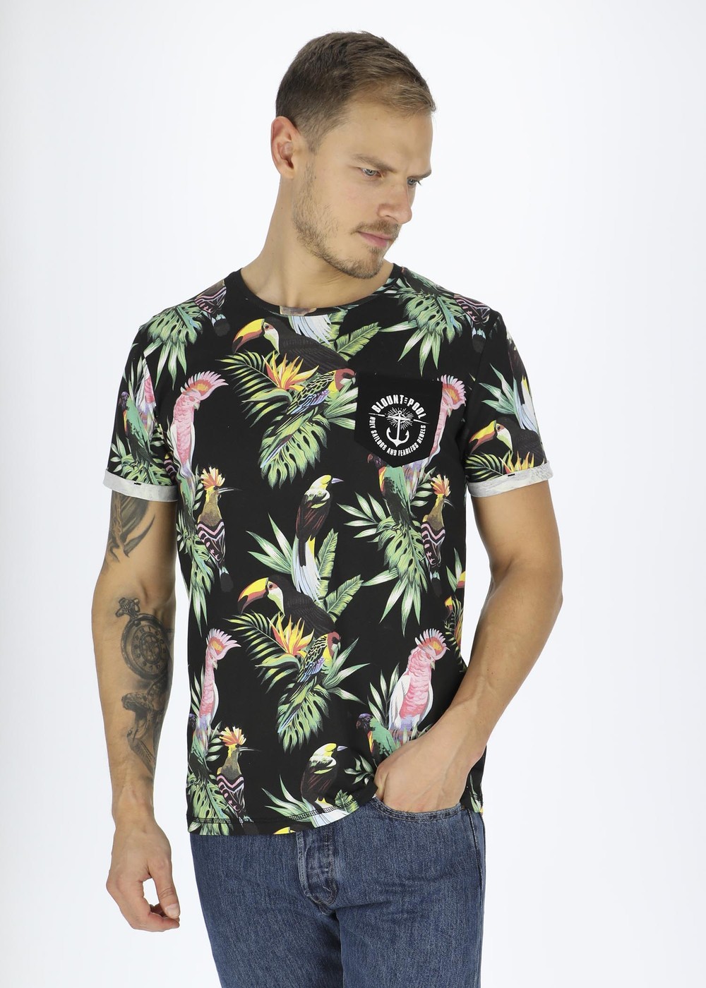 Tropical Pocket Tee, Black Kakadua, Xs,  Strandkläder