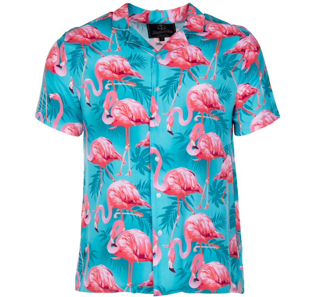 Honolulu Shirt Turquoise Flamingo M  Kortärmade Skjortor