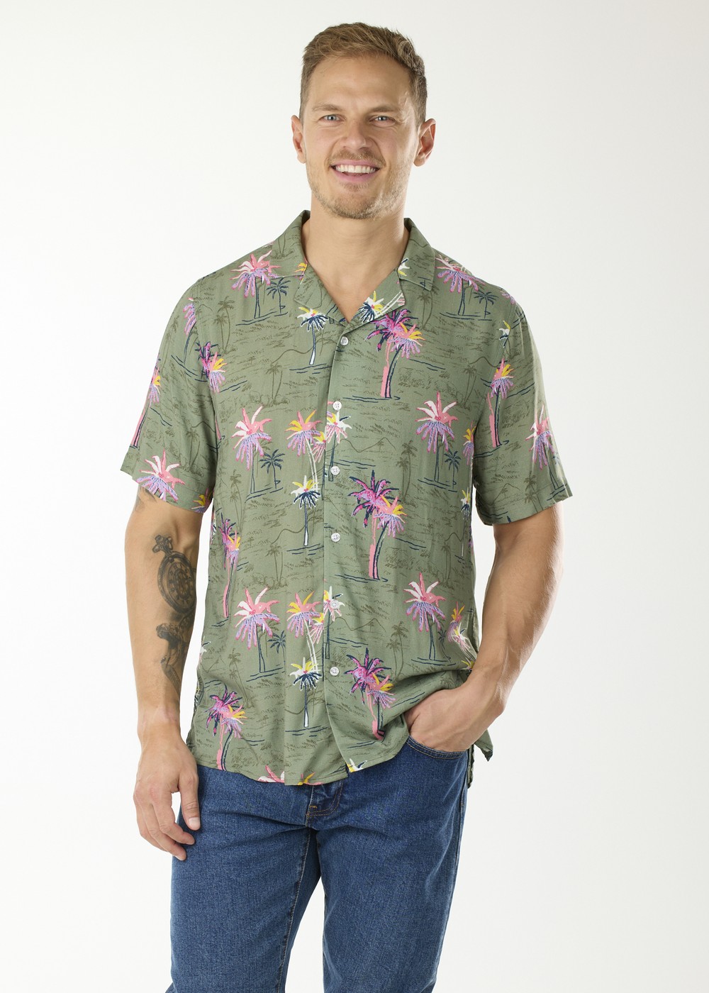 Honolulu Shirt, Olive Sea Palm, S,  Kortärmade Skjortor