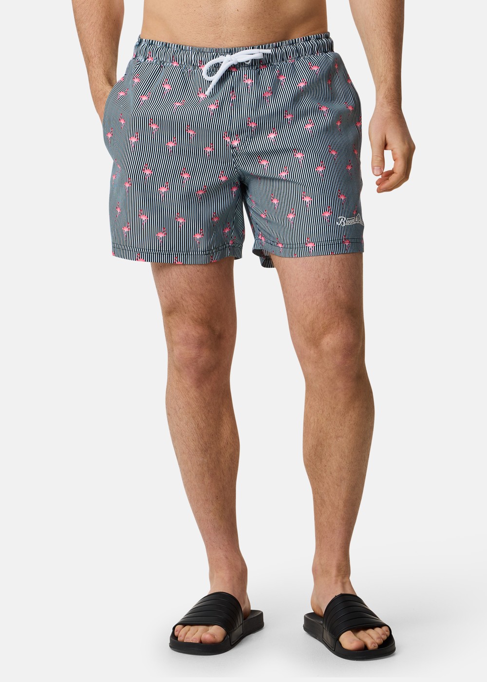 Beachshorts, Navy Stripe Flamingo, S,  Badbyxor