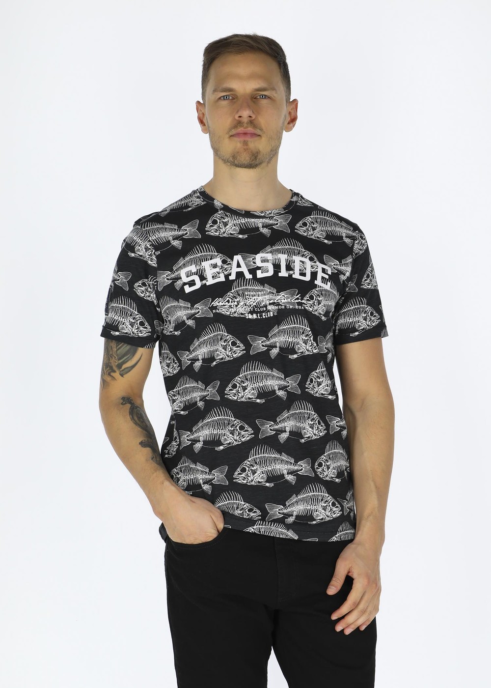 Ocean Tee, Black Fish Skeleton, S,  Strandkläder