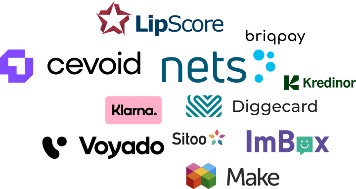 Integration partner logos: Cevoid, Lipscore, Nets, Klarna, Sitoo, Voyado, Briqpay, Kredinor, Diggecard, Make, Imbox